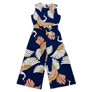 Shein Blue Print Jumpsuit Wide Leg Multicolor Crane Pattern Sleeveless Belted